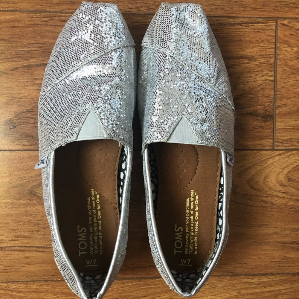 Toms slip-ons, glittery silver, women’s size 7